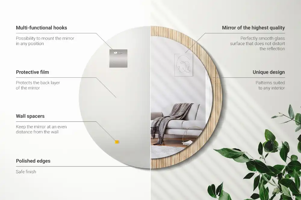 Spiegel mit bedrucktem Rahmen rund Bambus-Stroh