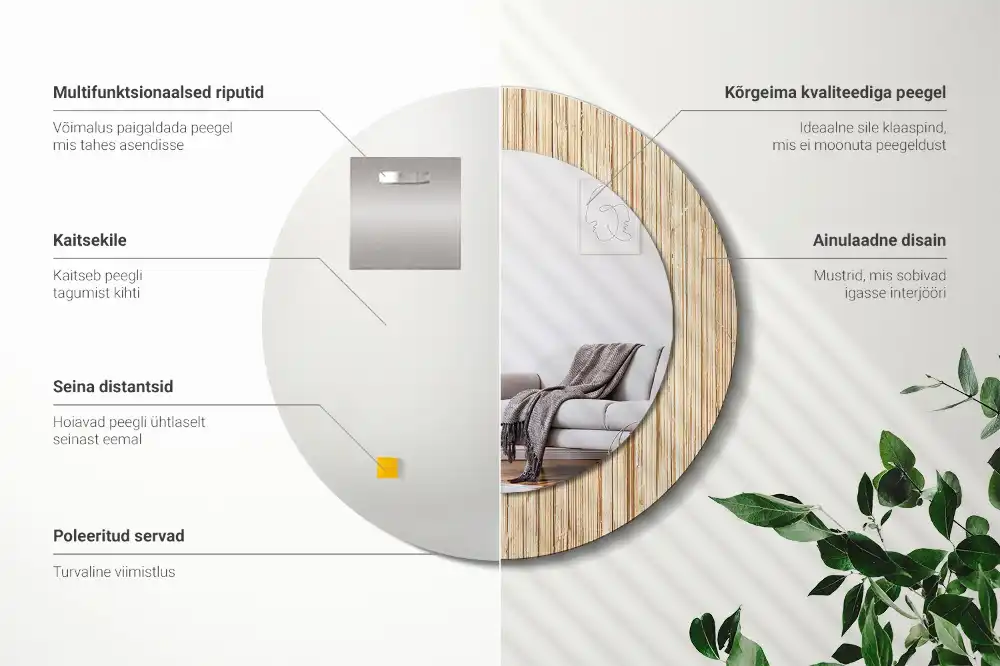 Spiegel mit bedrucktem Rahmen rund Bambus-Stroh