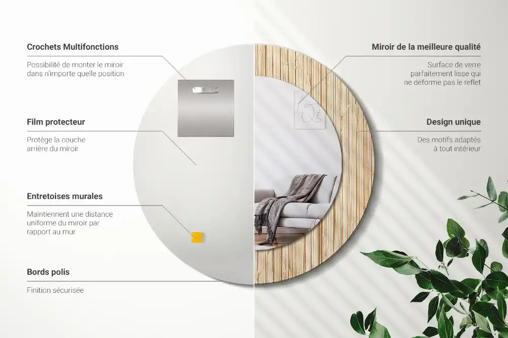 Spiegel mit bedrucktem Rahmen rund Bambus-Stroh