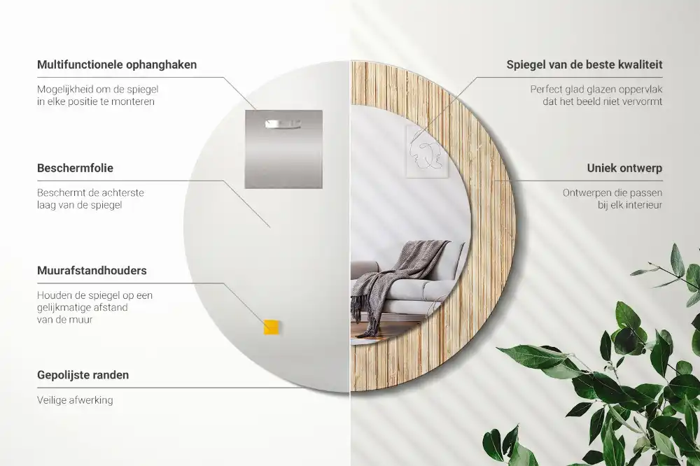 Spiegel mit bedrucktem Rahmen rund Bambus-Stroh