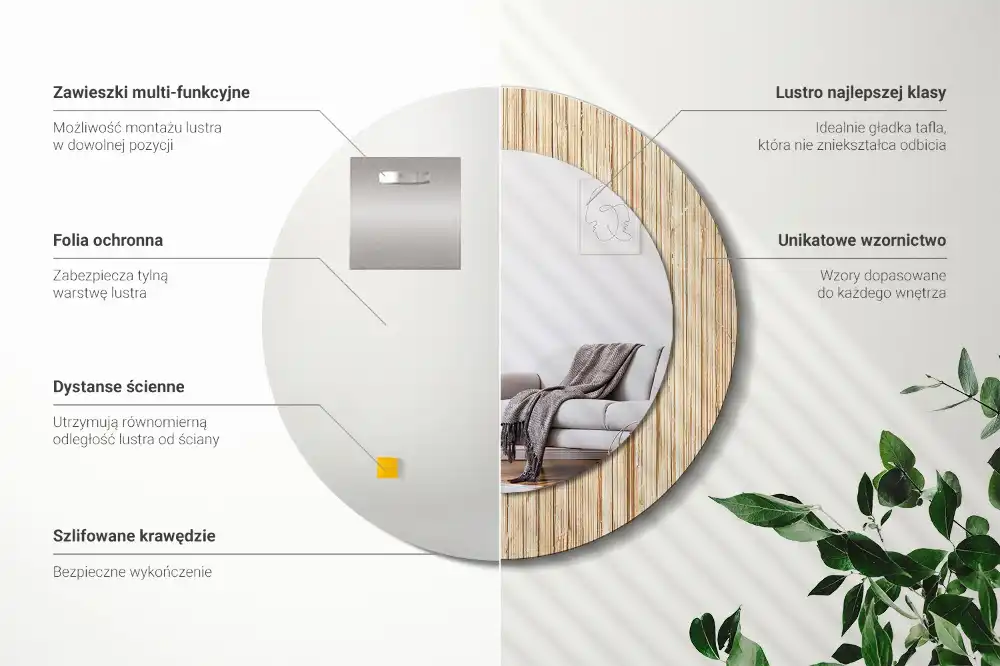 Spiegel mit bedrucktem Rahmen rund Bambus-Stroh