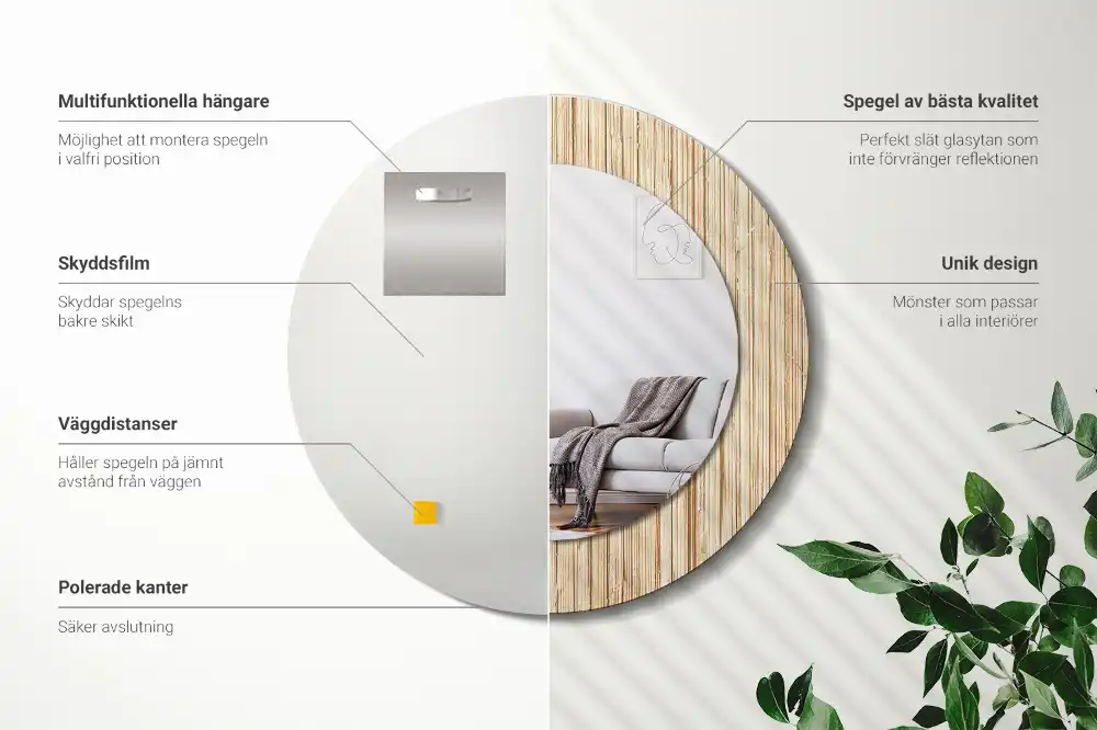 Spiegel mit bedrucktem Rahmen rund Bambus-Stroh