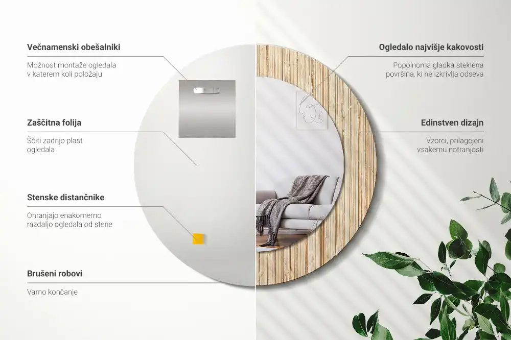 Spiegel mit bedrucktem Rahmen rund Bambus-Stroh