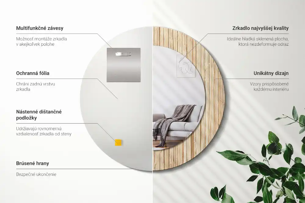 Spiegel mit bedrucktem Rahmen rund Bambus-Stroh