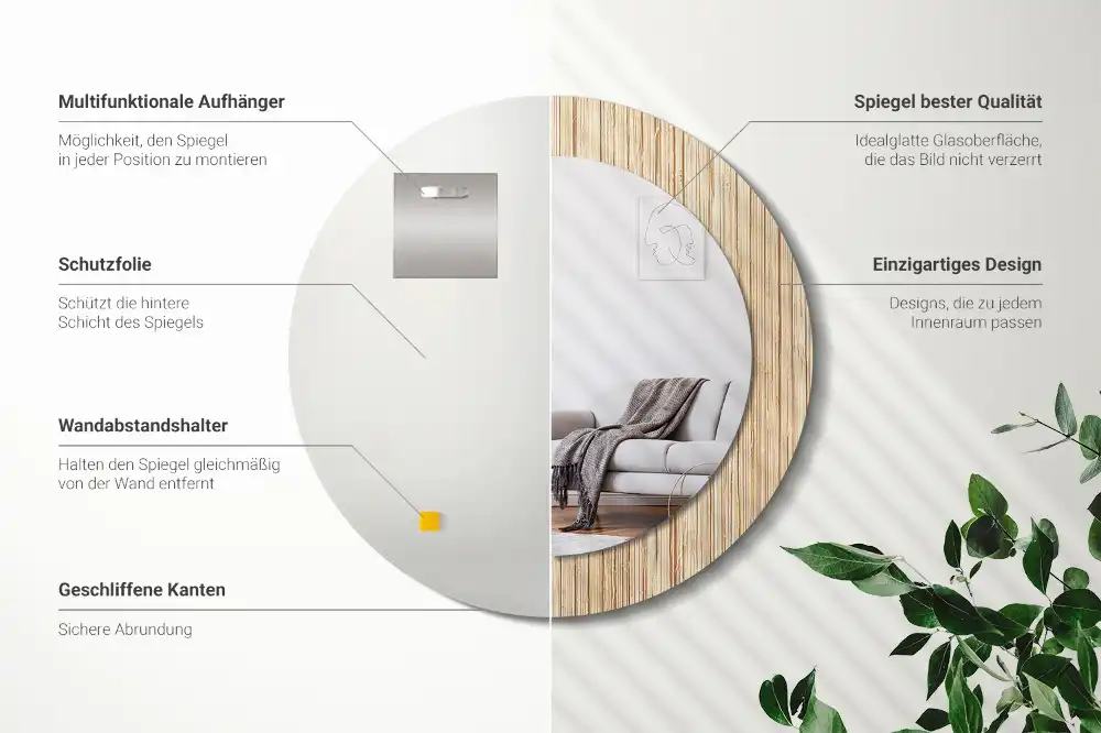 Spiegel mit bedrucktem Rahmen rund Bambus-Stroh