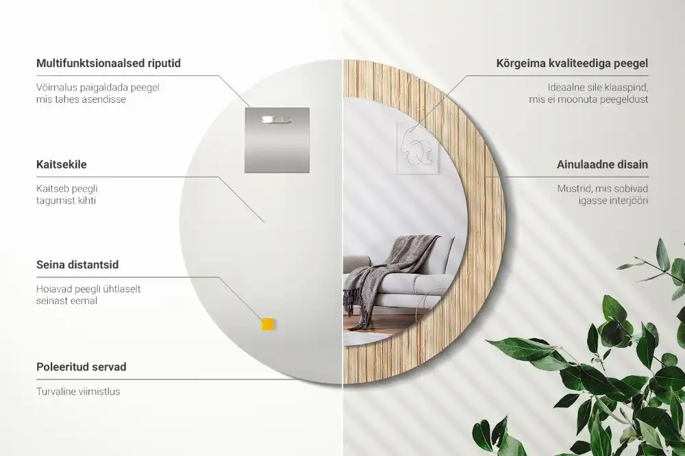 Spiegel mit bedrucktem Rahmen rund Bambus-Stroh