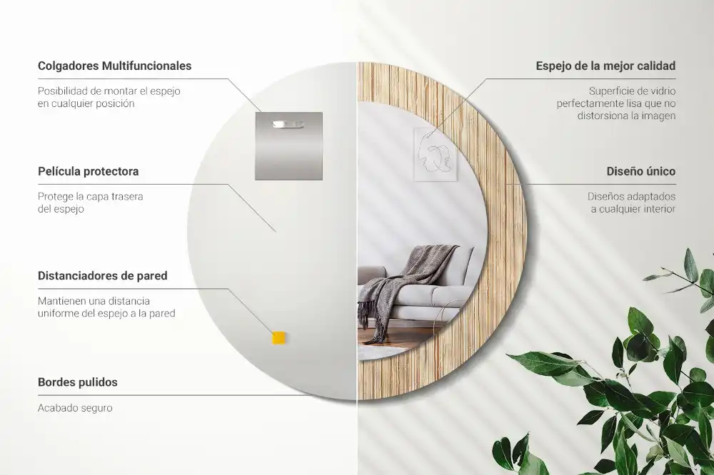 Spiegel mit bedrucktem Rahmen rund Bambus-Stroh