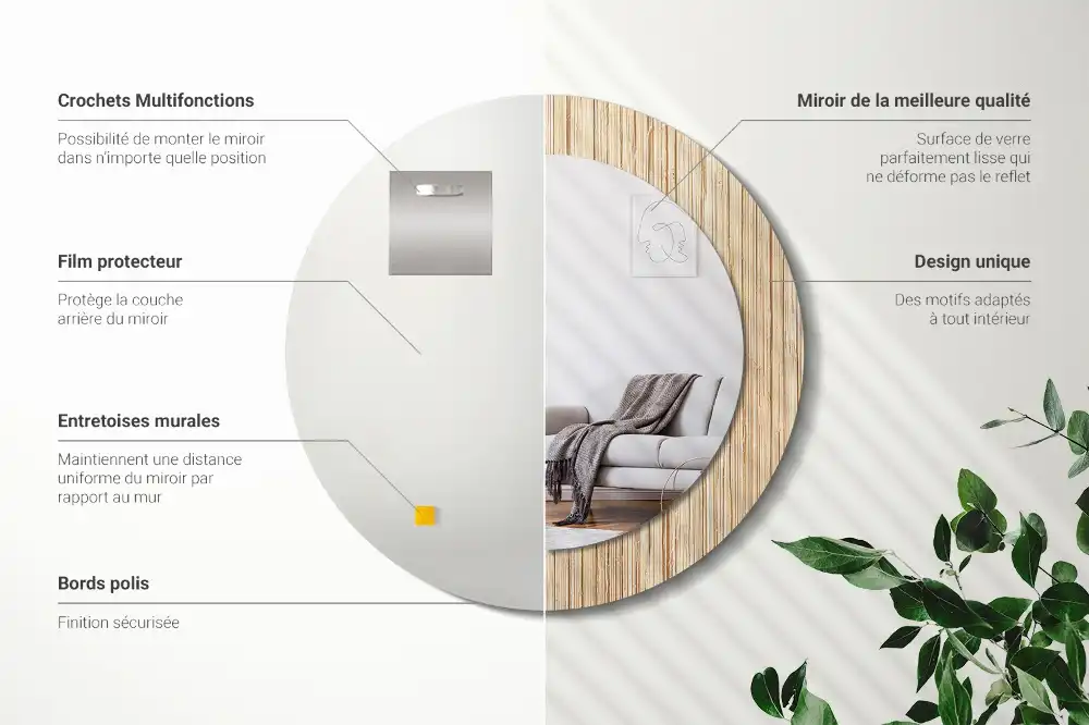 Spiegel mit bedrucktem Rahmen rund Bambus-Stroh