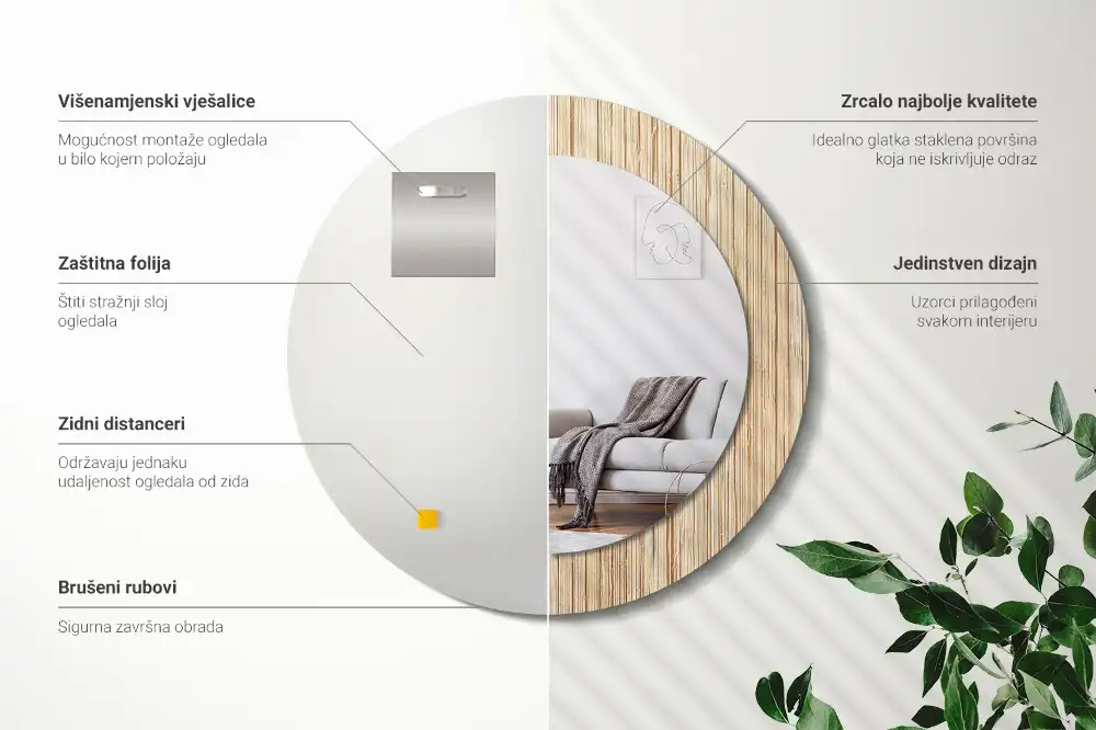 Spiegel mit bedrucktem Rahmen rund Bambus-Stroh