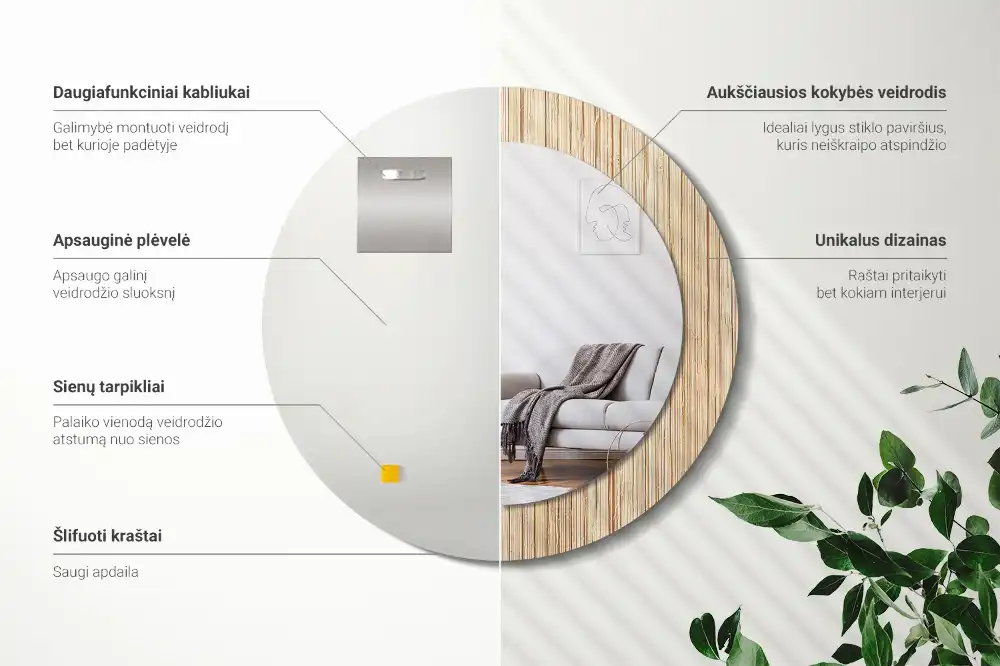 Spiegel mit bedrucktem Rahmen rund Bambus-Stroh