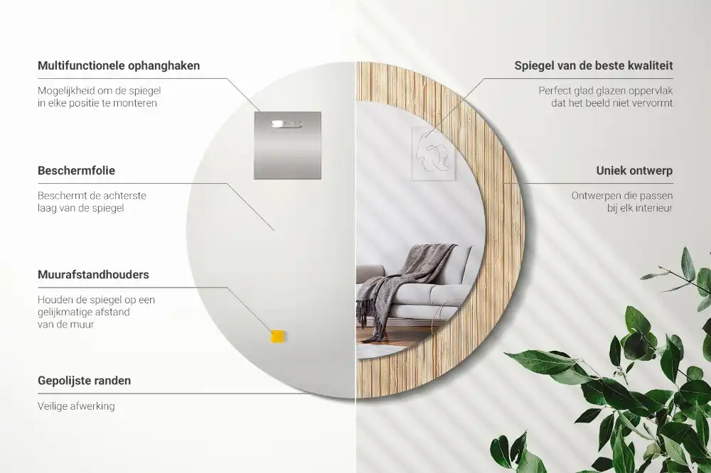 Spiegel mit bedrucktem Rahmen rund Bambus-Stroh