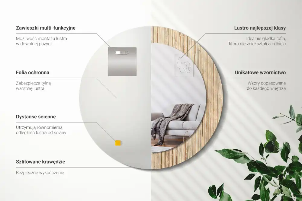 Spiegel mit bedrucktem Rahmen rund Bambus-Stroh