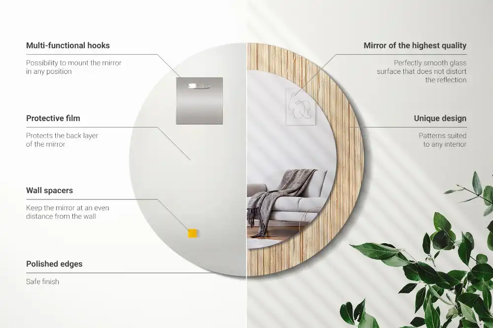 Spiegel mit bedrucktem Rahmen rund Bambus-Stroh