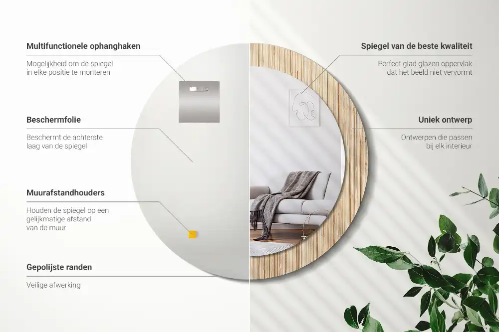 Spiegel mit bedrucktem Rahmen rund Bambus-Stroh