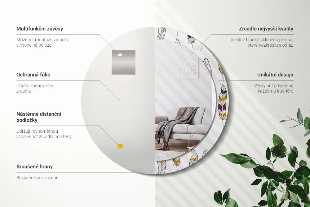 Spiegel mit bedrucktem Rahmen rund Federn