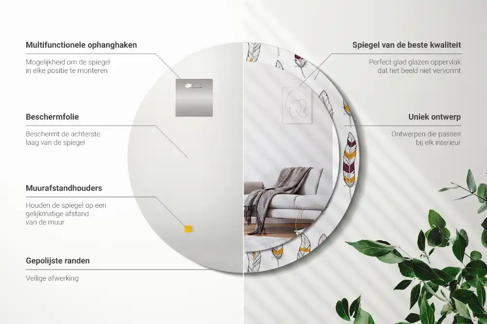 Spiegel mit bedrucktem Rahmen rund Federn