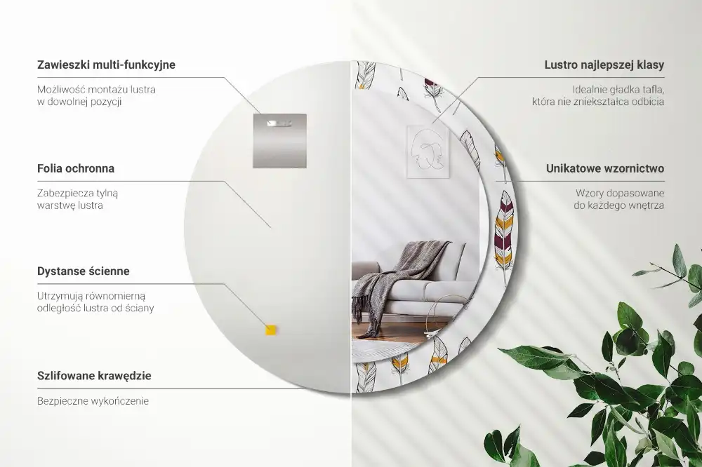 Spiegel mit bedrucktem Rahmen rund Federn