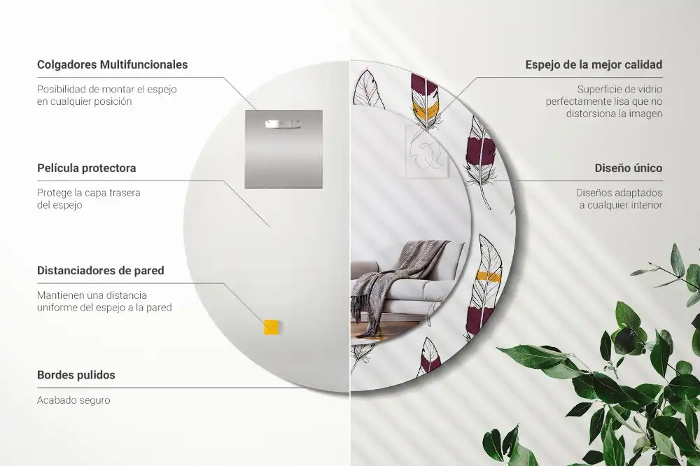 Spiegel mit bedrucktem Rahmen rund Federn