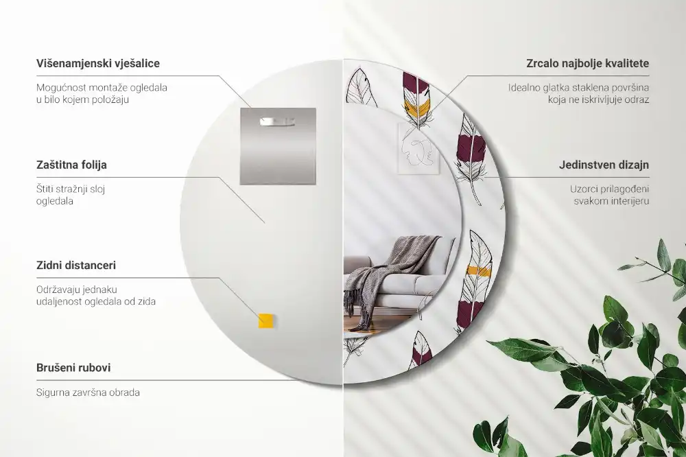 Spiegel mit bedrucktem Rahmen rund Federn