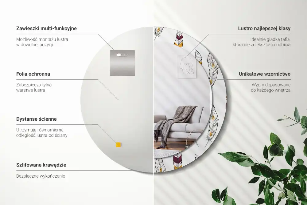 Spiegel mit bedrucktem Rahmen rund Federn