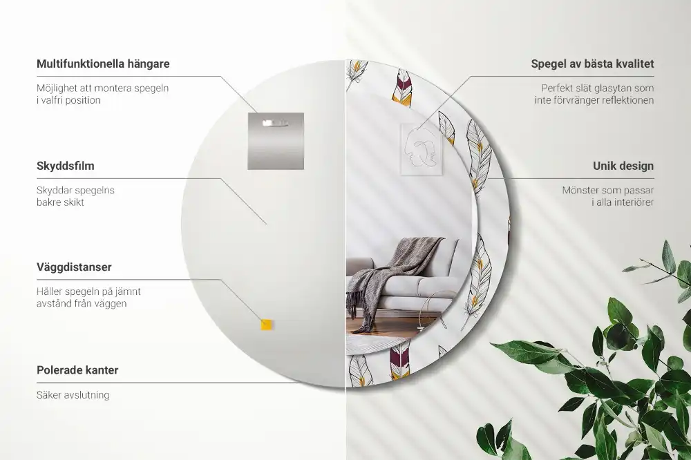 Spiegel mit bedrucktem Rahmen rund Federn