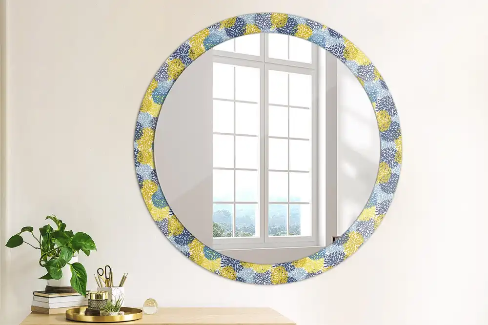 Spiegel mit bedrucktem Rahmen rund Blaue Blumen