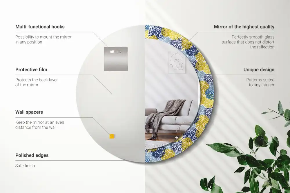 Spiegel mit bedrucktem Rahmen rund Blaue Blumen