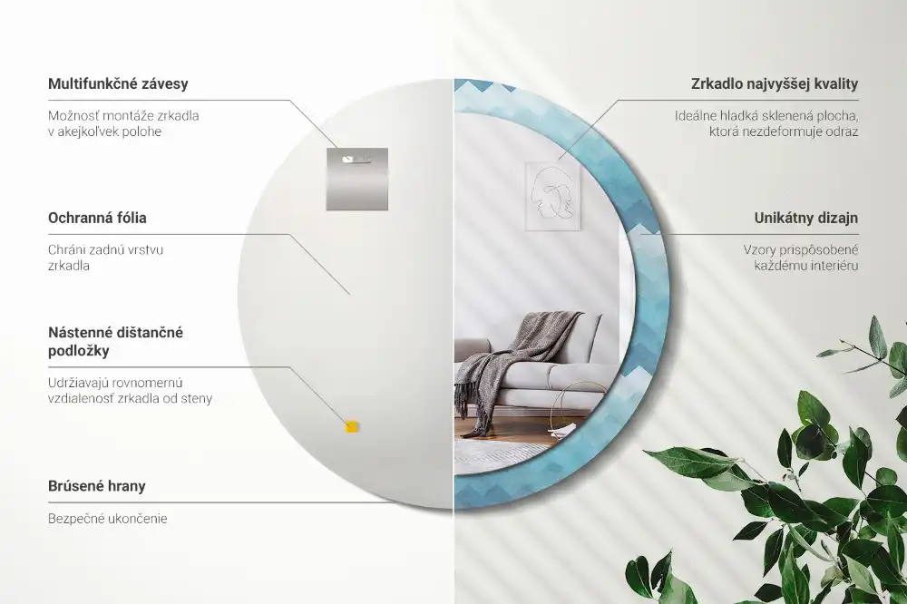 Spiegel mit bedrucktem Rahmen rund Blauer Chevron