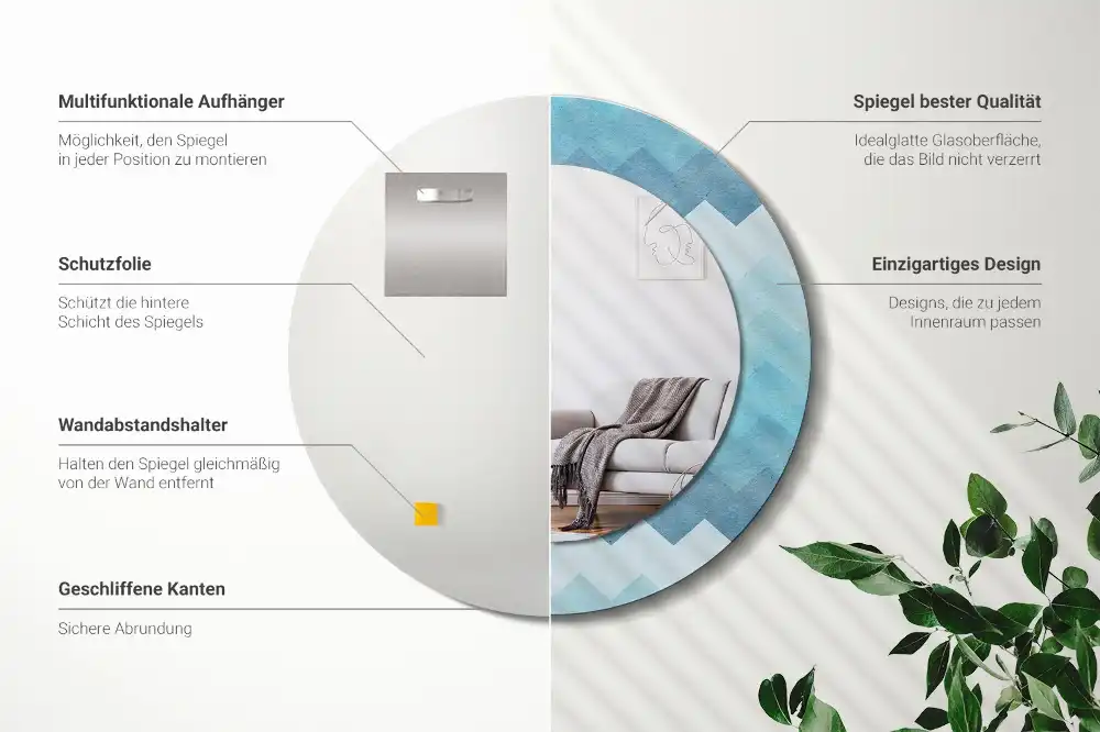 Spiegel mit bedrucktem Rahmen rund Blauer Chevron