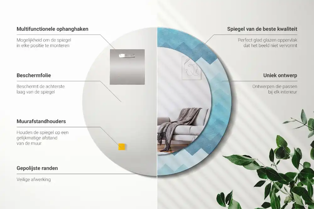 Spiegel mit bedrucktem Rahmen rund Blauer Chevron