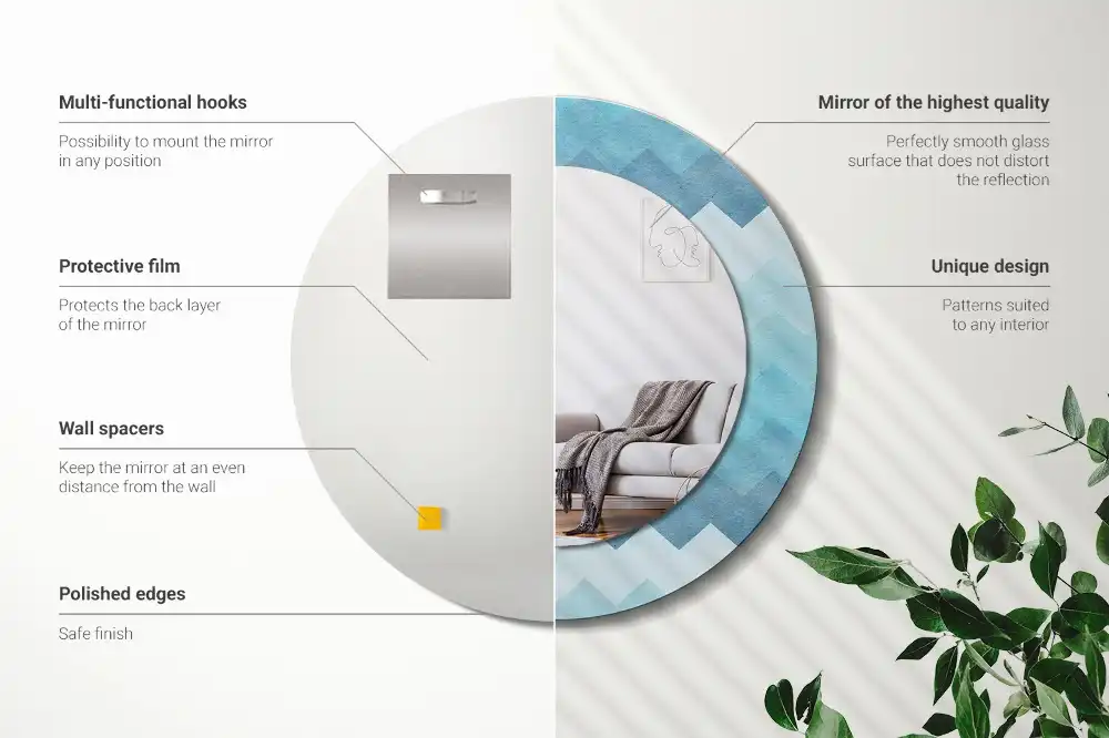 Spiegel mit bedrucktem Rahmen rund Blauer Chevron