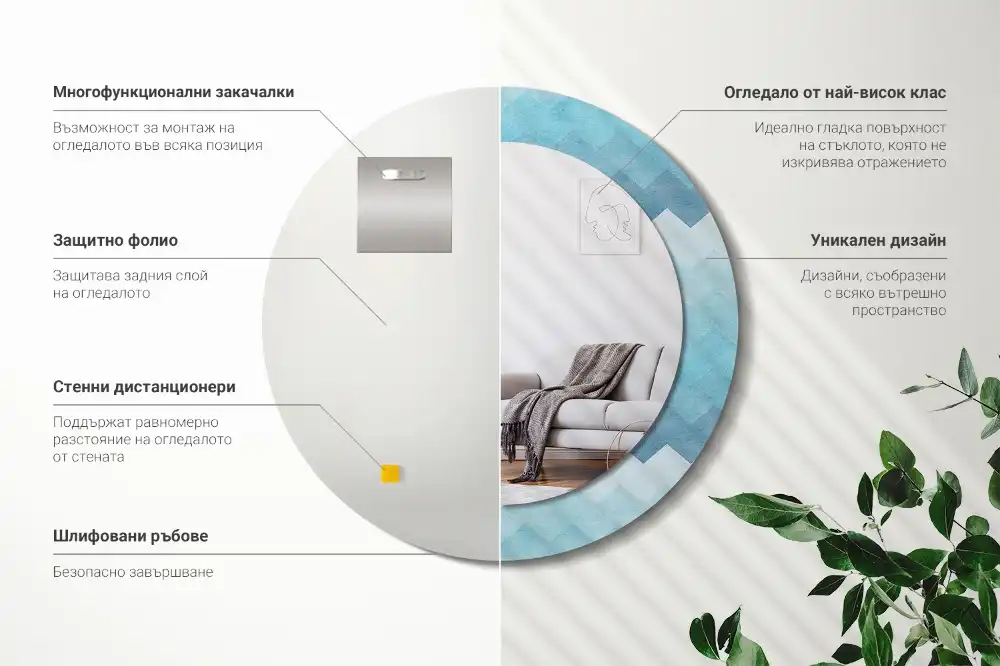 Spiegel mit bedrucktem Rahmen rund Blauer Chevron