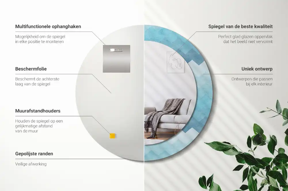 Spiegel mit bedrucktem Rahmen rund Blauer Chevron