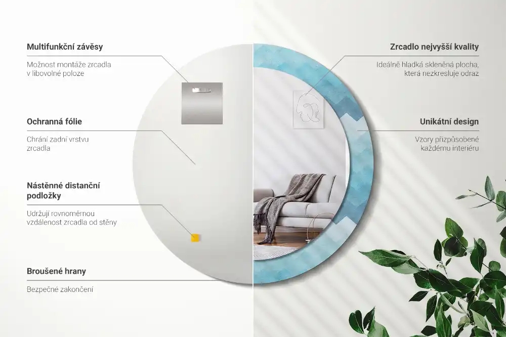 Spiegel mit bedrucktem Rahmen rund Blauer Chevron