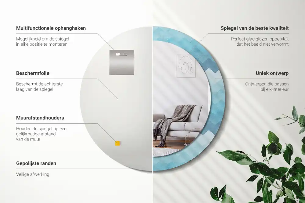 Spiegel mit bedrucktem Rahmen rund Blauer Chevron