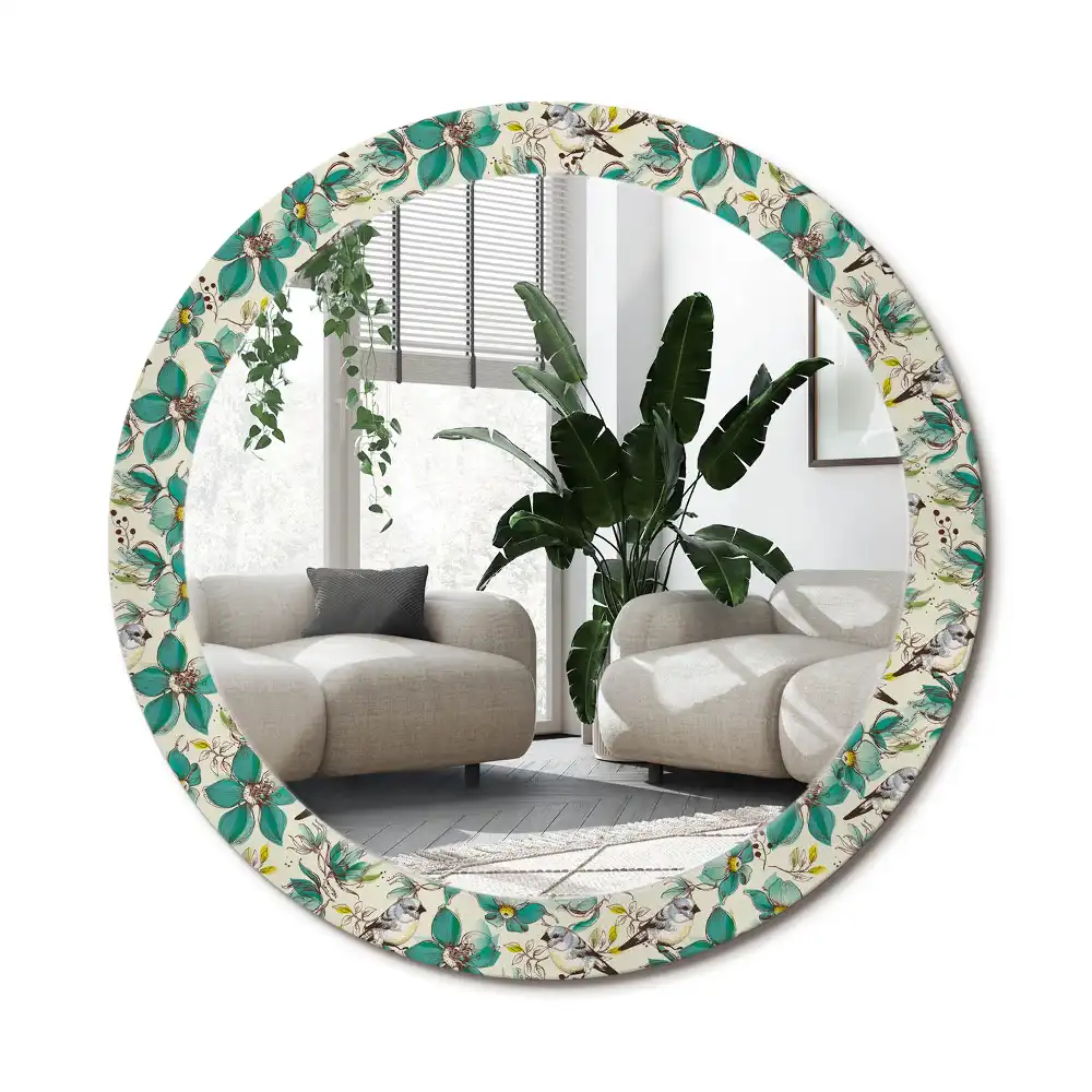 Spiegel mit bedrucktem Rahmen rund Blumen und Vögel