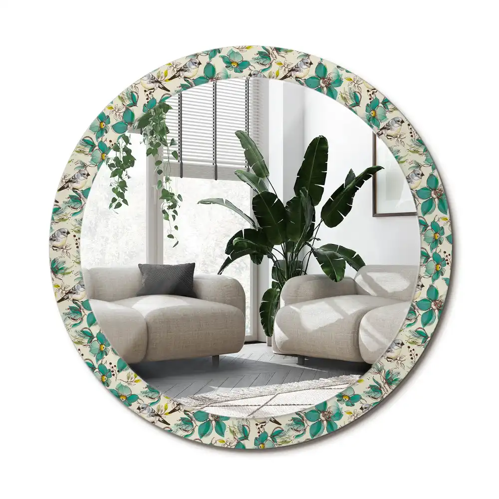 Spiegel mit bedrucktem Rahmen rund Blumen und Vögel