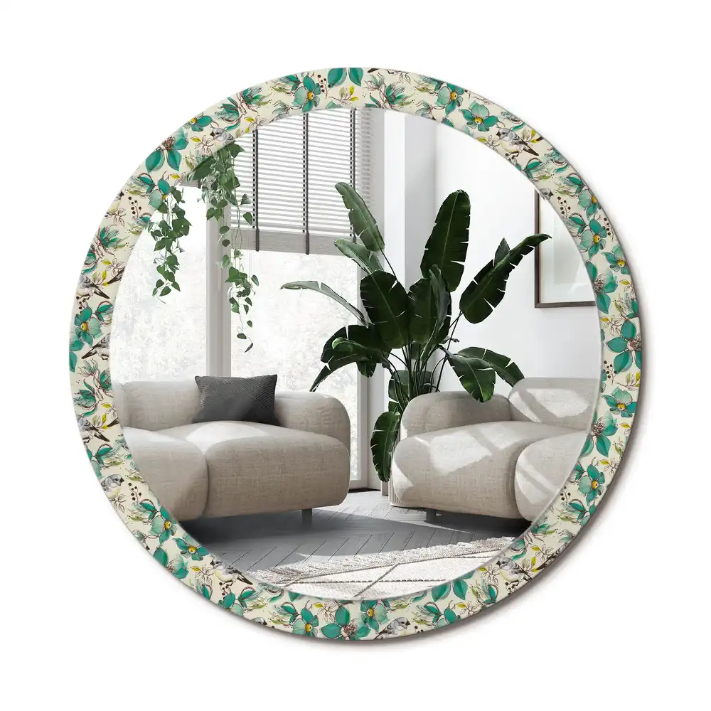 Spiegel mit bedrucktem Rahmen rund Blumen und Vögel