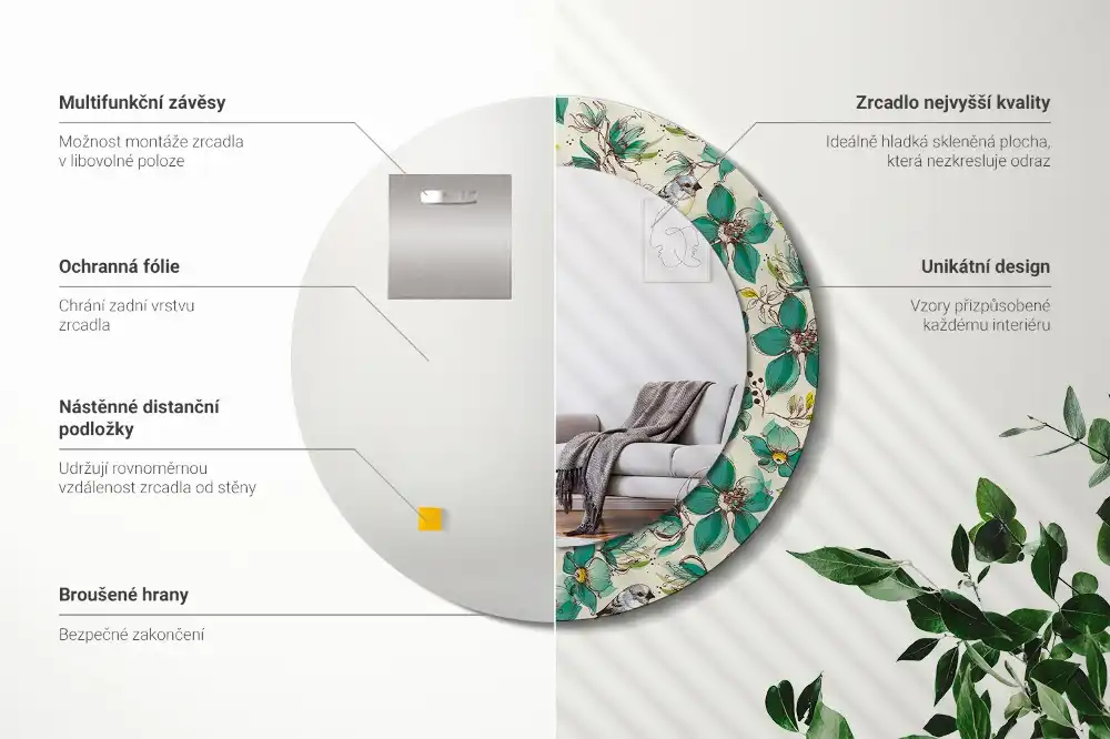 Spiegel mit bedrucktem Rahmen rund Blumen und Vögel