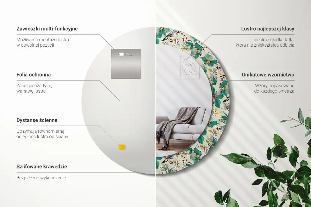 Spiegel mit bedrucktem Rahmen rund Blumen und Vögel