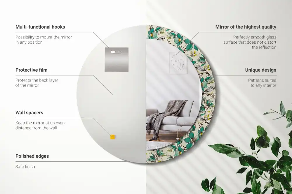 Spiegel mit bedrucktem Rahmen rund Blumen und Vögel