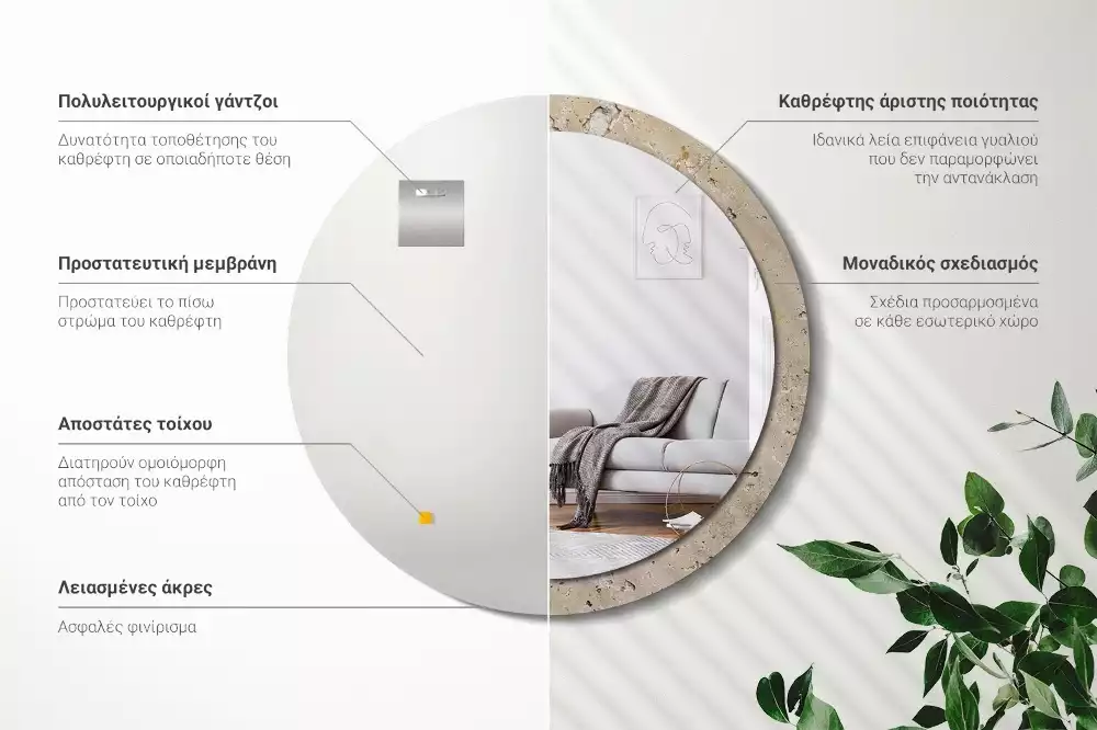 Spiegel mit bedrucktem Rahmen rund Stein-Imitation