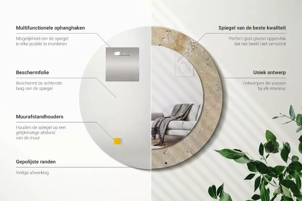 Spiegel mit bedrucktem Rahmen rund Stein-Imitation