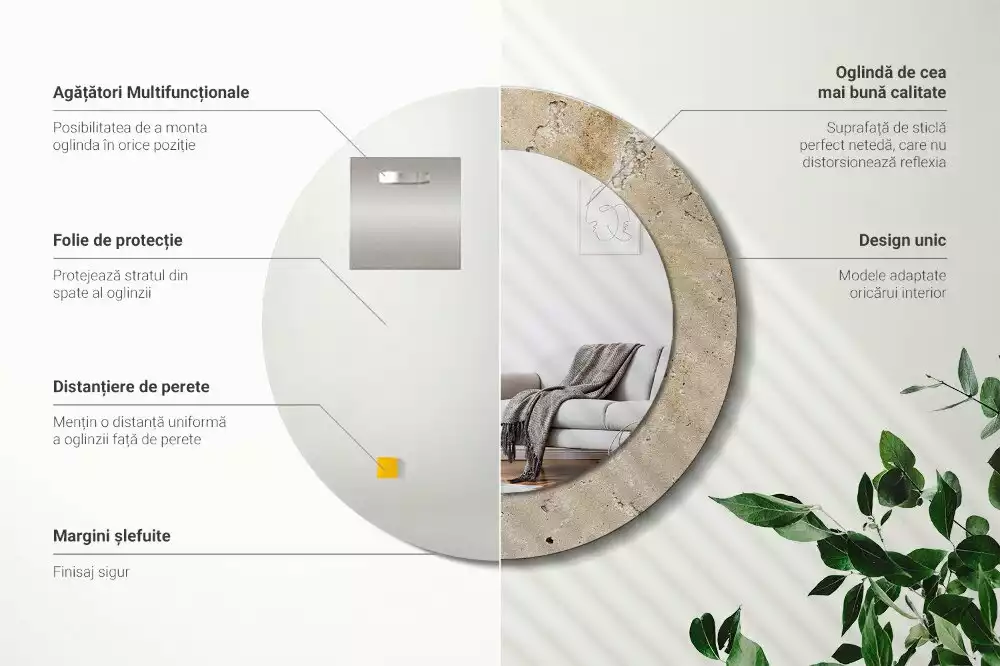 Spiegel mit bedrucktem Rahmen rund Stein-Imitation