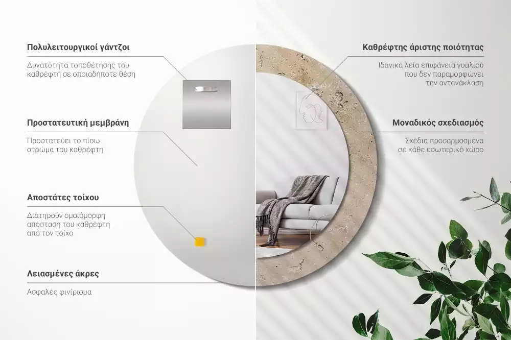 Spiegel mit bedrucktem Rahmen rund Stein-Imitation