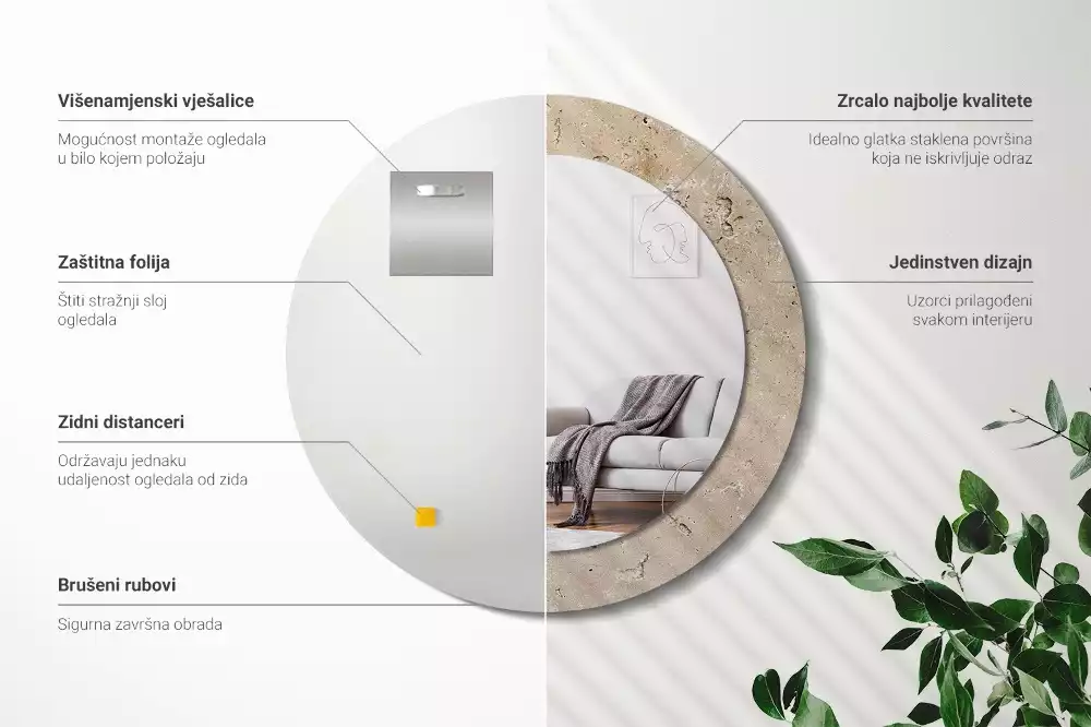 Spiegel mit bedrucktem Rahmen rund Stein-Imitation