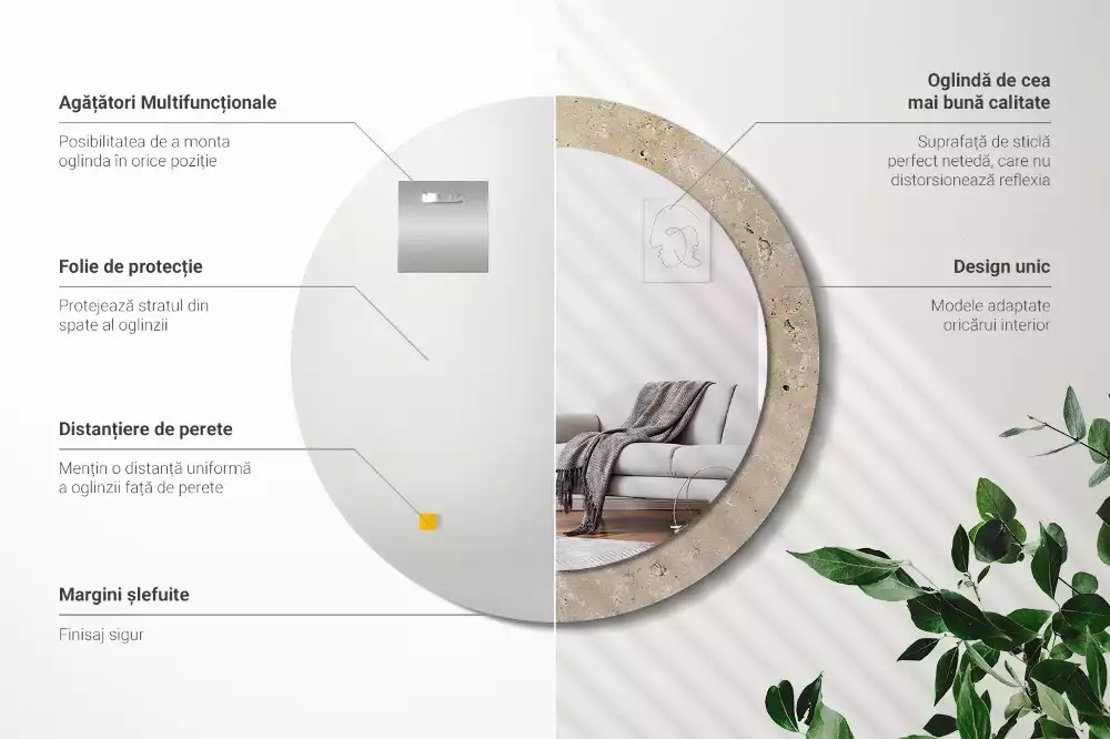 Spiegel mit bedrucktem Rahmen rund Stein-Imitation