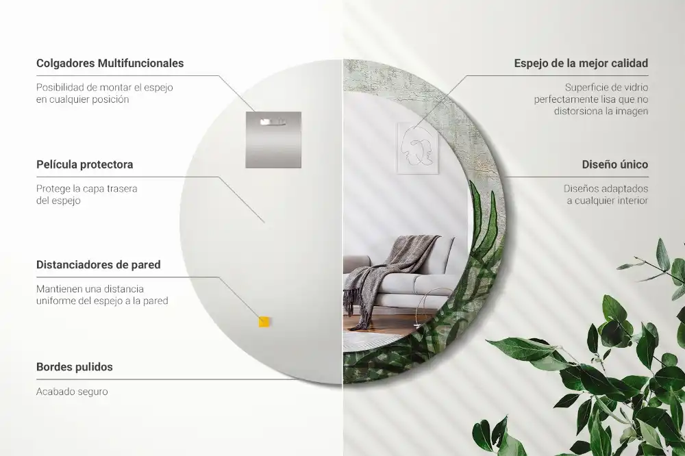 Spiegel mit bedrucktem Rahmen rund Farnblätter