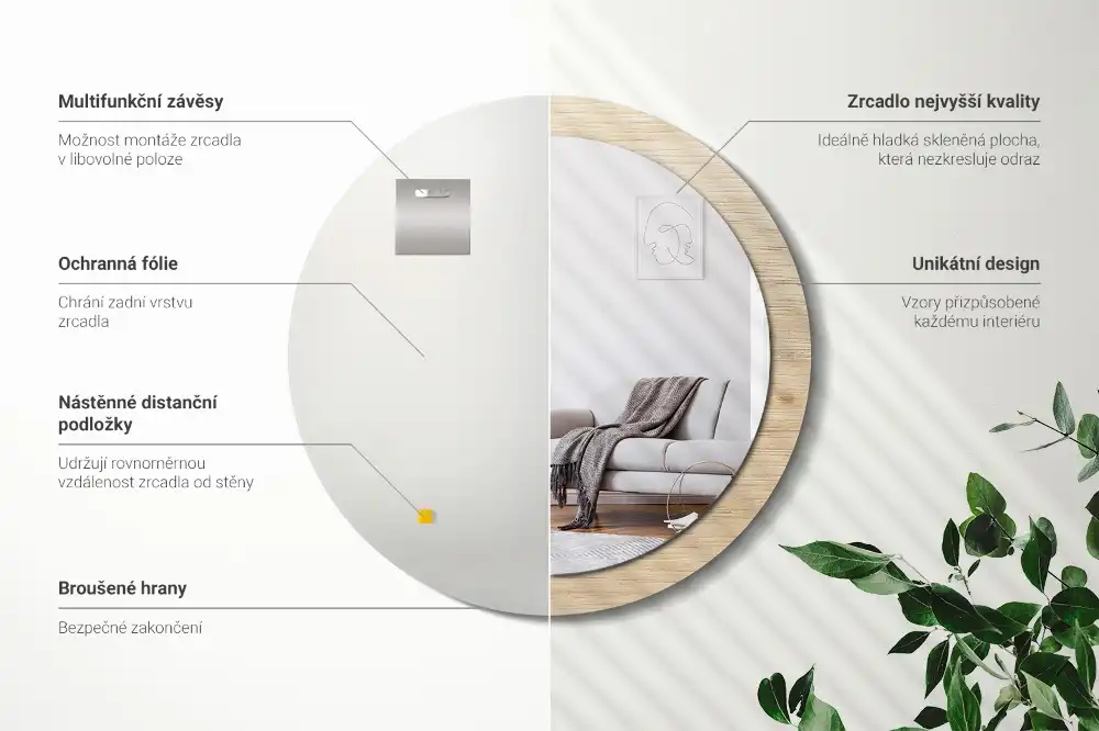 Spiegel mit bedrucktem Rahmen rund Helles Holz