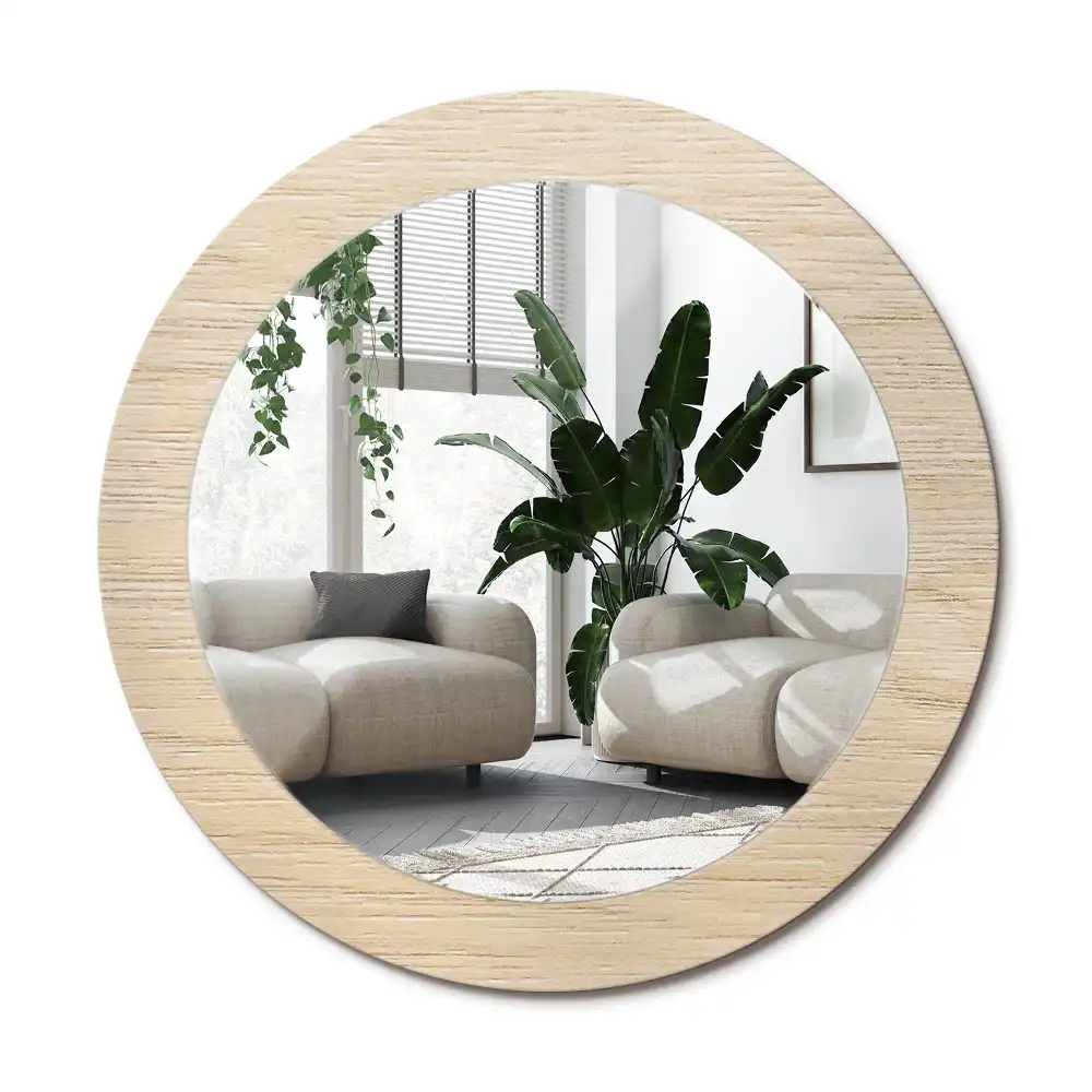 Spiegel mit bedrucktem Rahmen rund Helles Holz